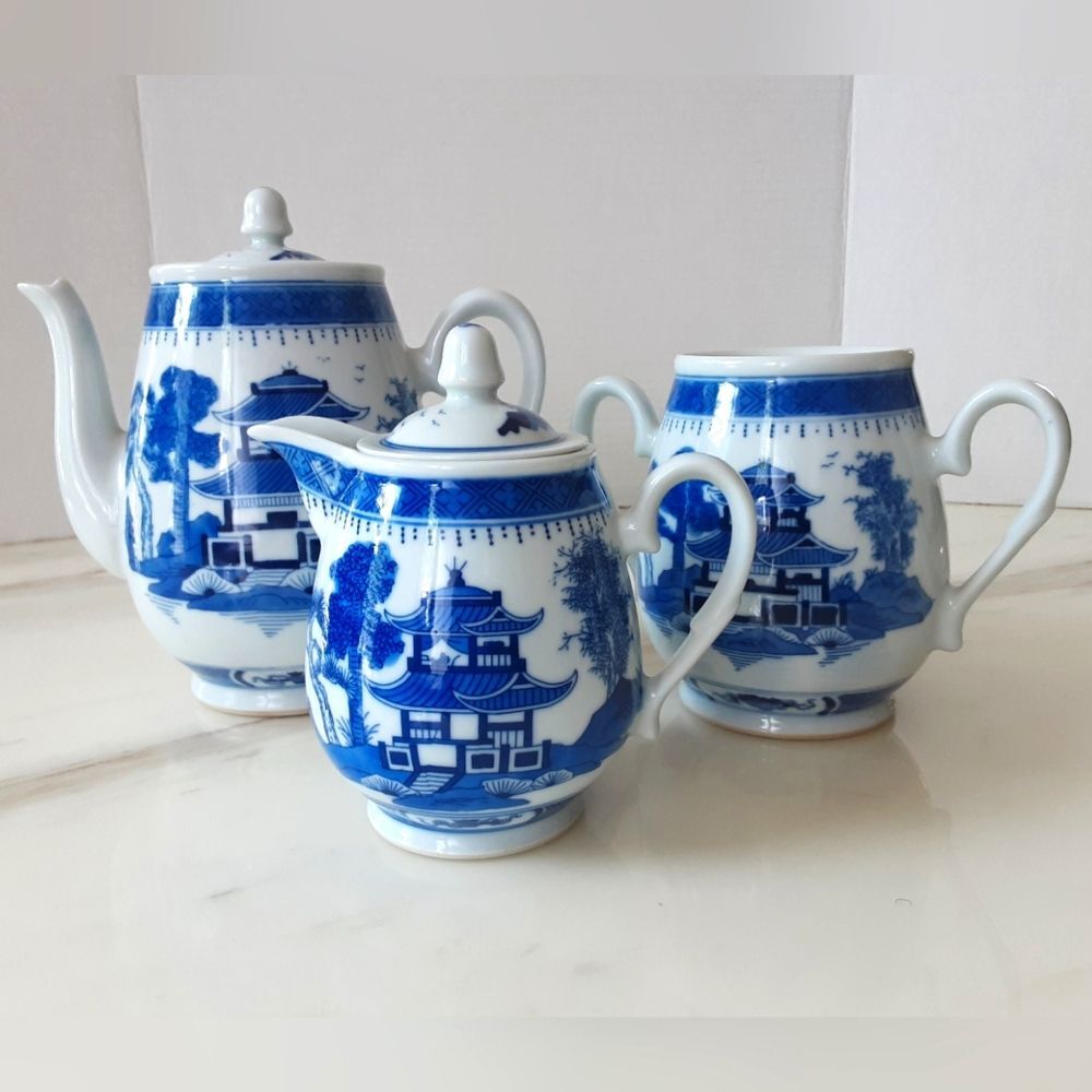 Jingdezhen Porcelain Blue & White Canton 3 Piece Tea Set - Vtg